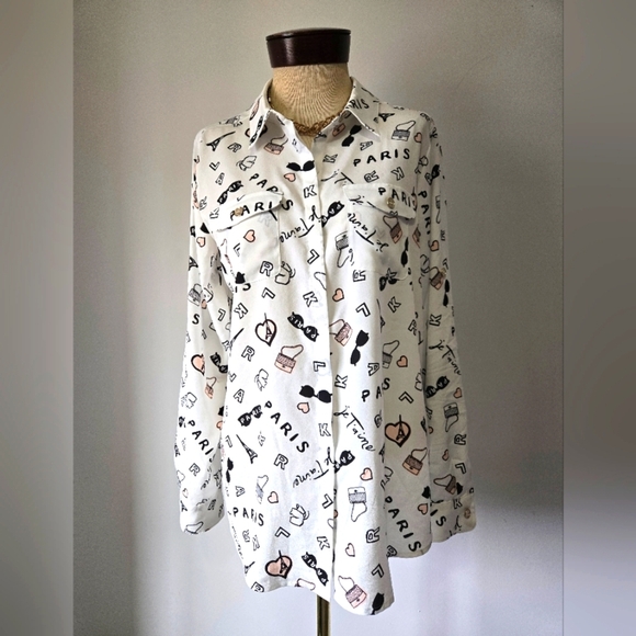 KARL LAGERFELD White Paris Print Button-Up Blouse. Size Medium - Picture 1 of 12